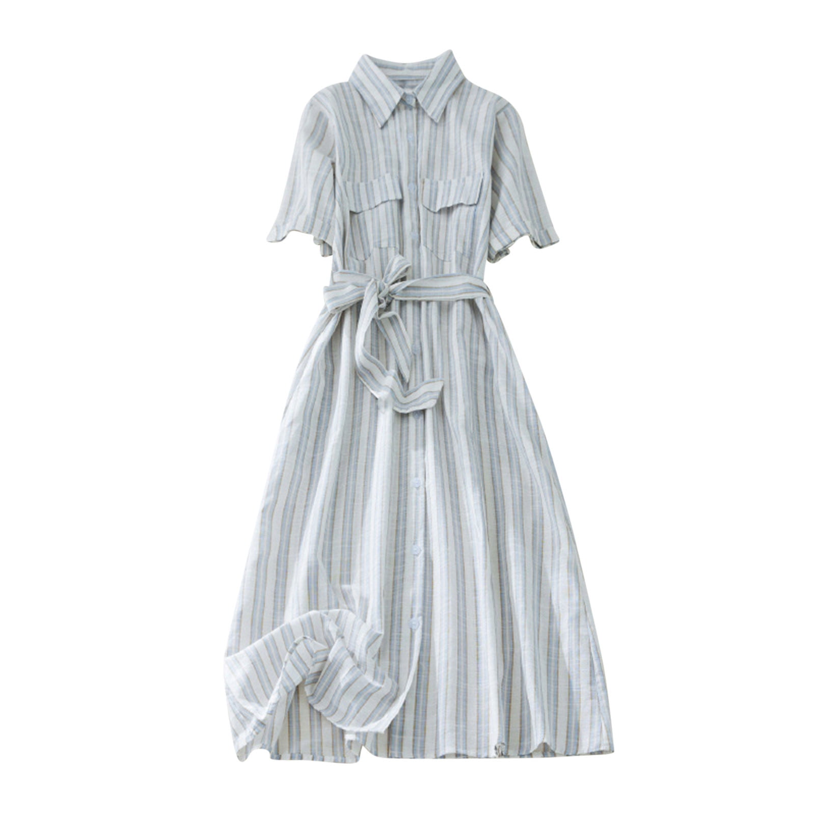 QUYUON Women Long Shirt Dress Casual Loose Short Sleeve Lapel Button-Down  Collar Long Dress Striped Printed Pockets Maxi Dress with Belt A-Line Swing  Evening Party Sundress, Blue XL - Walmart Business Supplies