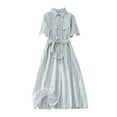 thumbnail image 1 of QUYUON Women Long Shirt Dress Casual Loose Short Sleeve Lapel Button-Down Collar Long Dress Striped Printed Pockets Maxi Dress with Belt A-Line Swing Evening Party Sundress, Blue XL, 1 of 9