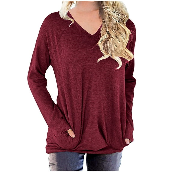 QUYUON Women Long Sleeve Sweater Discount Women Long Sleeve Tunic Polyester Long Sleeve V-Neck Solid Blouse Tops Style S-808 Breathable Ladies Pullover Sweatshirts Snug Fit Shirts Red 3XL