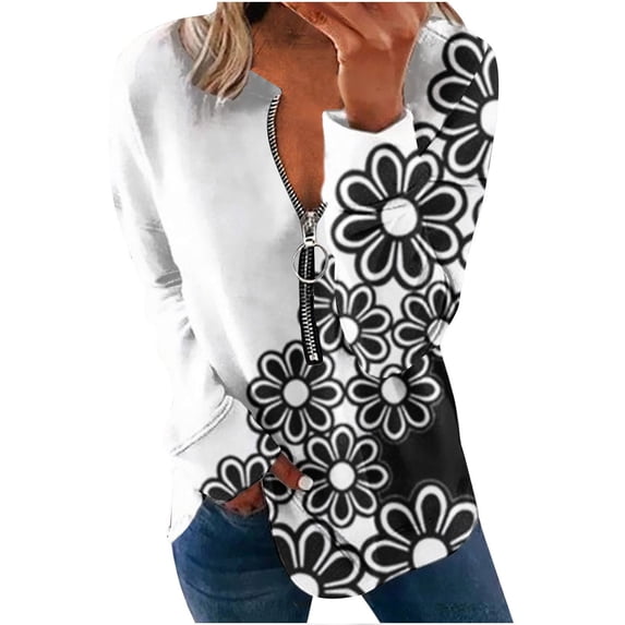 QUYUON Women Long Sleeve Sweatshirts Deals Half Zip Sweatshirts Women Floral Printed Casual Crew Neck Long Sleeve Shirts Quarter Zip Pullover Tops Soft Lightweight Sweatshirts White-V S