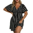 thumbnail image 1 of QUYUON Women Plus Size Cocktail Dress Summer Wrap V-Neck Short Sleeve T-Shirt Dress Striped Print Pleated A-Line Mini Short Dress Beach Sundress Evening Party Dress, Black XL, 1 of 8