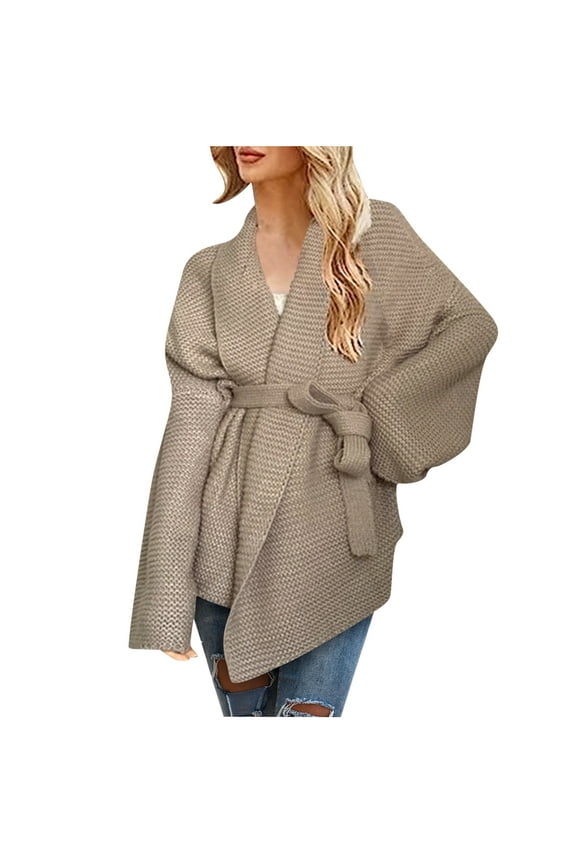 Women Plus Size Sweaters Cardigan Sweaters Casual Winter Long Sleeve V-Neck Wrap Sweater with Belted Thick Knitted Sweater Jackets Jumper Tops Fall Sweater Outerwear Khaki XXL