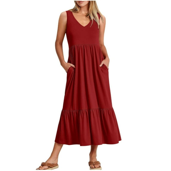 QUYUON Women Ruffle Midi Dresses Summer V-Neck Sleeveless Tank Dress with Pockets Pleated A-Line Flowy Dress Casual Loose Tshirt Dress Beach Sundress Wedding Guest Dress Red S