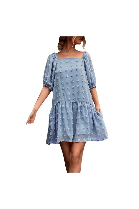 Women Ruffle Mini Dress Summer Square Neck Short Sleeve Babydoll Dress Casual Loose A-Line Swing Tunic Dresses Beach Sundress Cocktail Party Short Dress, Blue S