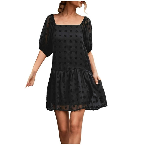 QUYUON Women Ruffle Mini Dress Summer Square Neck Short Sleeve Babydoll Dress Casual Loose A-Line Swing Tunic Dresses Beach Sundress Cocktail Party Short Dress, Black XL