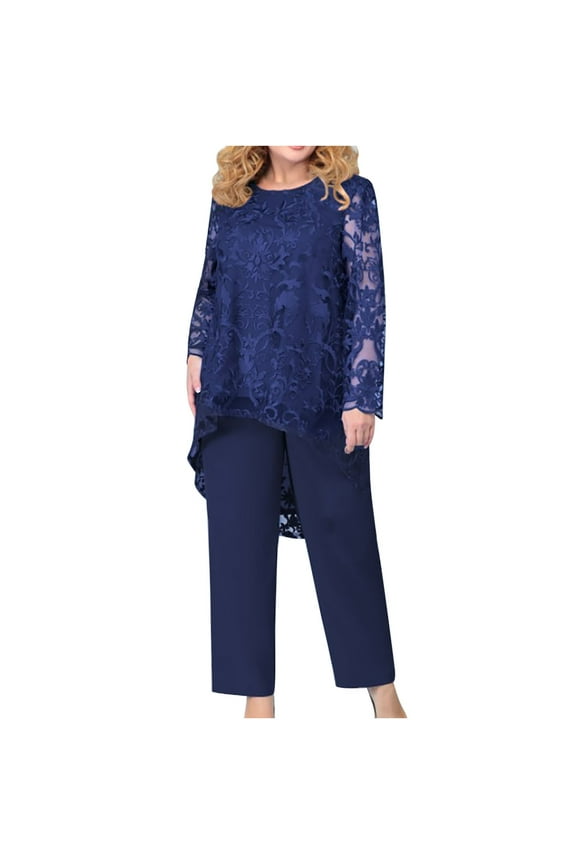 Women Sets Elegant Formal Lace Mesh Long Sleeve Blouse Tops and Pants Sets 2 Piece Outfits Women's Plus Size Wedding Party Loose Long Pants and Shirts Two Piece Outfits Dark Blue XL