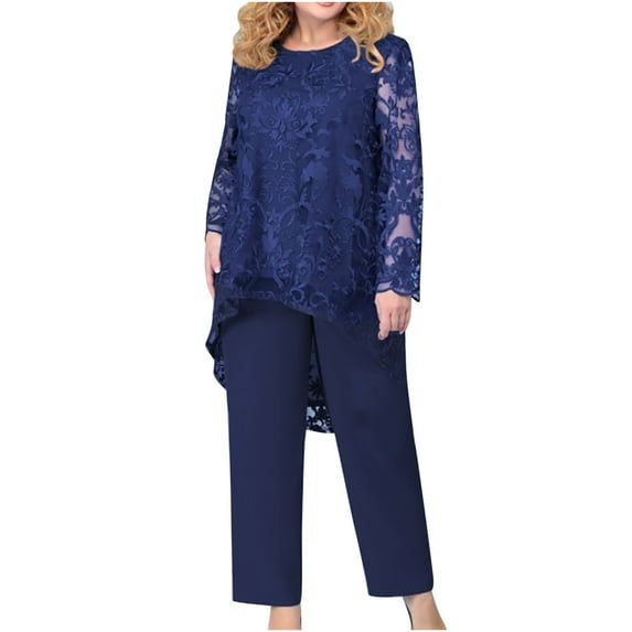 QUYUON Women Sets Elegant Formal Lace Mesh Long Sleeve Blouse Tops and Pants Sets 2 Piece Outfits Women's Plus Size Wedding Party Loose Long Pants and Shirts Two Piece Outfits Dark Blue L