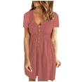 thumbnail image 1 of QUYUON Women Shirt Dress Summer Scoop Neck Short Sleeve Button Front Mini Dress Fit & Flare Solid Color Casual Dresses Pleated A-Line Beach Sundress Style A-212, 1 of 5