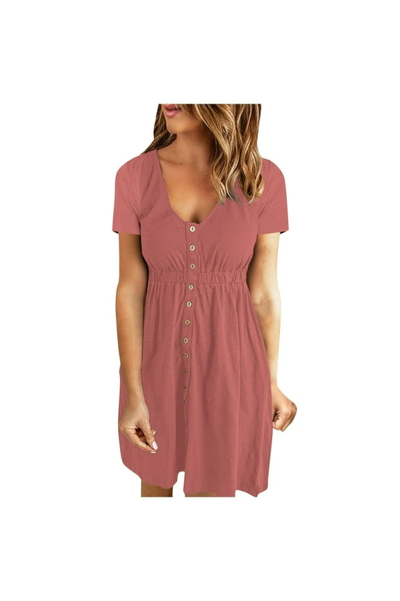 Women Shirt Dress Summer Scoop Neck Short Sleeve Button Front Mini Dress Fit & Flare Solid Color Casual Dresses Pleated A-Line Beach Sundress Style A-212