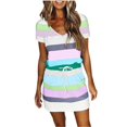 thumbnail image 1 of QUYUON Women Summer Casual Striped Dress Tie Waisted V-Neck Short Sleeve Bodycon T Shirt Short Mini Dress with Pockets Night Out Club Dress Beach Sundresses Pencil Dresses, Green S, 1 of 5