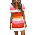 thumbnail image 1 of QUYUON Women Summer Casual Striped Dress Tie Waisted V-Neck Short Sleeve Bodycon T Shirt Short Mini Dress with Pockets Night Out Club Dress Beach Sundresses Pencil Dresses, Orange S, 1 of 5