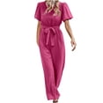 thumbnail image 1 of QUYUON Women Summer Dressy Jumpsuits with Belted Short Sleeve Crew Neck Casual Loose Wide Leg Pants Jumpsuit Rompers Work Office One-Piece Jumpsuits Fashion Overalls, Style 1116 Hot Pink XL, 1 of 5