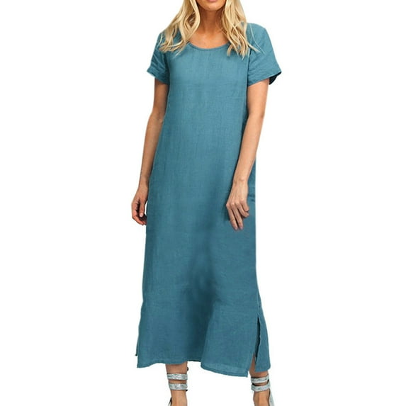 QUYUON Women Summer Midi Dress Casual Loose Round Neck Short Sleeve T-Shirt Dress Side Split Linen Dress with Pockets A-Line Beach Sundress Wedding Guest Long Shirt Dress, Dark Blue S
