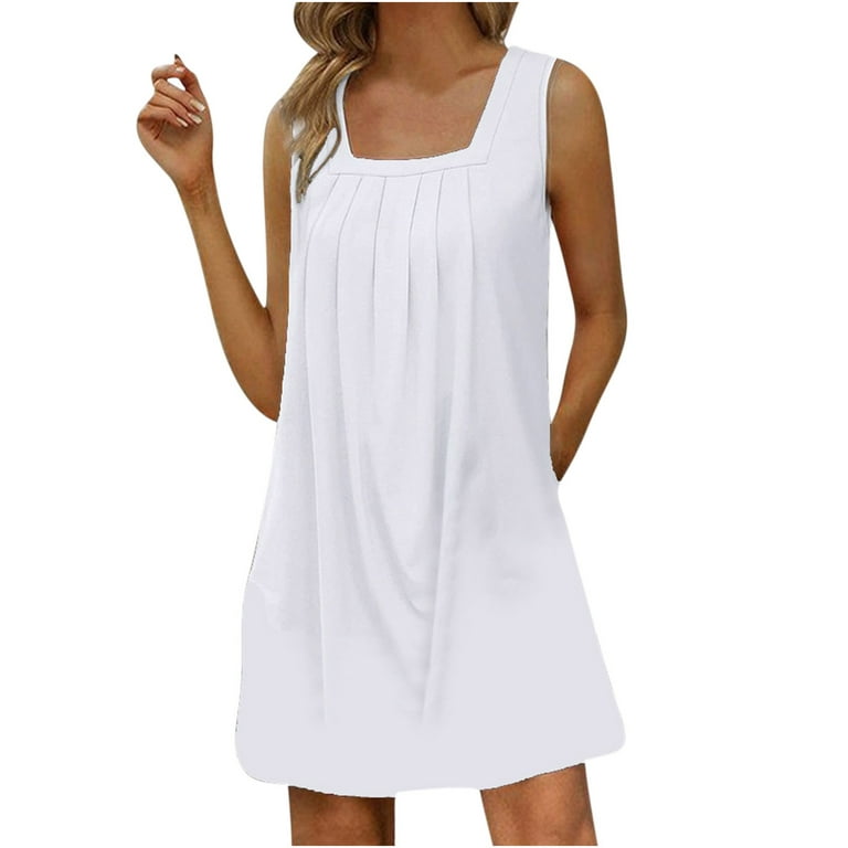QUYUON Women Summer Mini Dresses Loose Casual Square Neck Sleeveless Tank  Short Dress Solid Color Ruched Tunic T-Shirt Dresses Beach Sundress Night