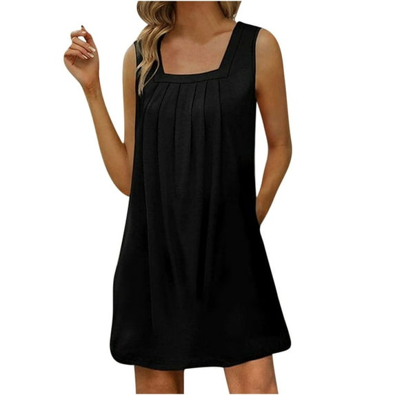 QUYUON Women Summer Mini Dresses Loose Casual Square Neck Sleeveless Tank Short Dress Solid Color Ruched Tunic T-Shirt Dresses Beach Sundress Night Out Club Party Dress, Black 3XL