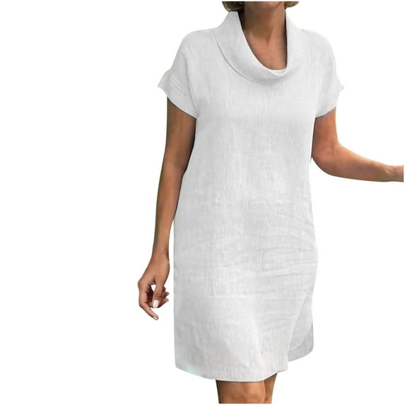 QUYUON Women Summer Tunic Dress Mini Short Linen Dress Casual High Neck Short Sleeve T-Shirt Dress Beach Sundress Solid Color T Shirt Vintage Dresses Style D-221 White L