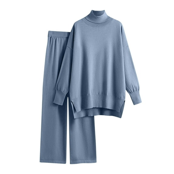 QUYUON Women Sweater Sets - Fall Winter Long Sleeve Knit Turtleneck Pullover Sweaters Split Wide Leg Pants Set 2 Piece Outfits Pajamas Set Two Piece Lounge Sets Blue One Size