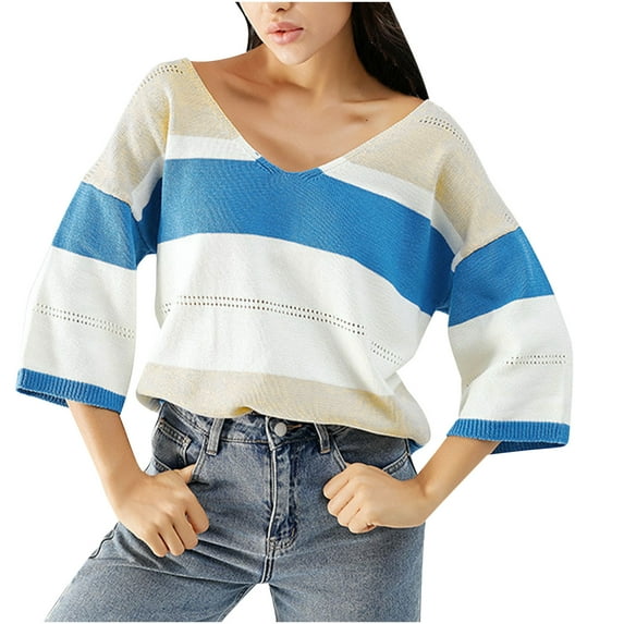 QUYUON Women Sweaters for Fall and Winter Women's Winter Casual Loose Color Block V-Neck Long Sleeve Pullover Knitted Sweater Tops Striped Sweater Blouse Shirts Blue M
