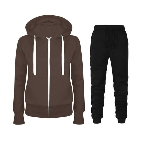 QUYUON Women Sweatsuits Sets Clearance Full Zip Long Sleeve Hooded Sweatshirts Jogging Suits High Waisted Pants Hoodie Sweatshirt Tracksuit Jogger Sweatpants 2 Piece Outfits Brown M