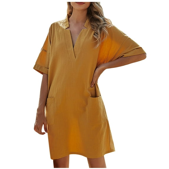 QUYUON Women T Shirt Linen Dress Spring Summer Notched V Neck Short Sleeve Mini Dresses with Pockets Casual Loose Blouse T-Shirt Short Dress Style D-7065 Yellow L