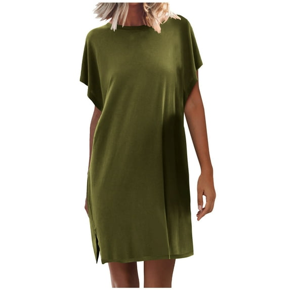 QUYUON Women T Shirt Mini Dresses Crew Neck Short Sleeve Summer Shirt Dress Loose Casual A-Line Tunic Short Dresses Side Split Regular Size Solid Color T-Shirt Dress, Army Green L