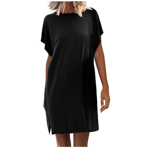 QUYUON Women T Shirt Mini Dresses Crew Neck Short Sleeve Summer Shirt Dress Loose Casual A-Line Tunic Short Dresses Side Split Regular Size Solid Color T-Shirt Dress, Black M