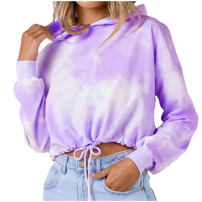 QUYUON Women Tie Dyed Hoodies Drawstring Tie Waist Cropped