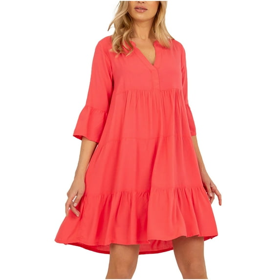QUYUON Women Tunic Swing Dress Casual Loose V-Neck Puff Short Sleeve Summer Dresses Pleated A-Line Ruffle Dress Cocktail Party T-Shirt Short Dresses Beach Sundress, Watermelon Red S