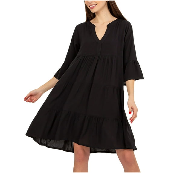 QUYUON Women Tunic Swing Dress Casual Loose V-Neck Puff Short Sleeve Summer Dresses Pleated A-Line Ruffle Dress Cocktail Party T-Shirt Short Dresses Beach Sundress, Black M