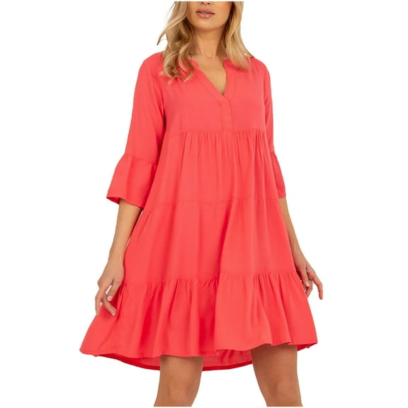 QUYUON Women Tunic Swing Dress Casual Loose V-Neck Puff Short Sleeve Summer Dresses Pleated A-Line Ruffle Dress Cocktail Party T-Shirt Short Dresses Beach Sundress, Watermelon Red L