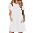 thumbnail image 1 of QUYUON Women Tunic Swing Dress Summer Round Neck Short Sleeve T-Shirt Mini Dress with Pockets Solid Color Casual Loose A-Line Beach Sundresses Evening Cocktail Party Pullover Dress, White S, 1 of 7