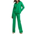 thumbnail image 1 of QUYUON Women Two Piece Outfits Winter Warm Ribbed Knit V-Neck Sweater Sets Long Sleeve Pullover Tops Sweatshirt Side Split High Low Sweatpants Sets 2 Piece Outfits Green One Size, 1 of 8