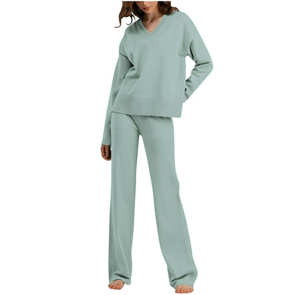 QUYUON Women Two Piece Outfits Winter Warm Ribbed Knit V-Neck Sweater Sets Long Sleeve Pullover Tops Sweatshirt Side Split High Low Sweatpants Sets 2 Piece Outfits Army Green One Size