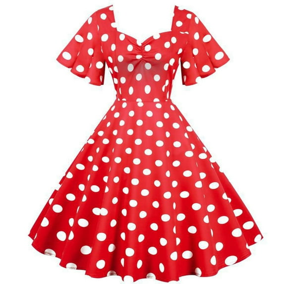 QUYUON Women Vintage Cocktail Dress Polka Dot Printed Retro Cocktail Party Dresses Sweetheart V Neck Bell Short Sleeve Pleated A-Line Prom Dresses Backless Zipper Knee Length Dress Red-C Small