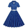 thumbnail image 1 of QUYUON Women Vintage Cocktail Dresses for Evening Party Knee Length Dress Polka Dot Printed Lapel Neck Button Down Collar Short Sleeve V-Neck Pleated A-Line Dress Style D-1486 Blue L, 1 of 5