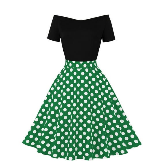 QUYUON Women Vintage Cocktail Swing Dress Casual Loose Polka Dot Printed Off the Shoulder Retro Cocktail Party Prom Dresses Bridesmaid Dress Formal Prom Tea Dress A Line Midi Gown, Green XXL