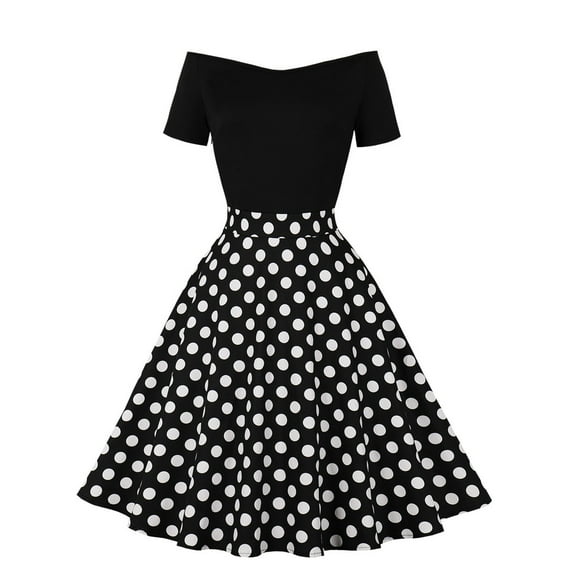QUYUON Women Vintage Cocktail Swing Dress Casual Loose Polka Dot Printed Off the Shoulder Retro Cocktail Party Prom Dresses Bridesmaid Dress Formal Prom Tea Dress A Line Midi Gown, Black L