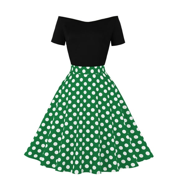QUYUON Women Vintage Cocktail Swing Dress Casual Loose Polka Dot Printed Off the Shoulder Retro Cocktail Party Prom Dresses Bridesmaid Dress Formal Prom Tea Dress A Line Midi Gown, Green M