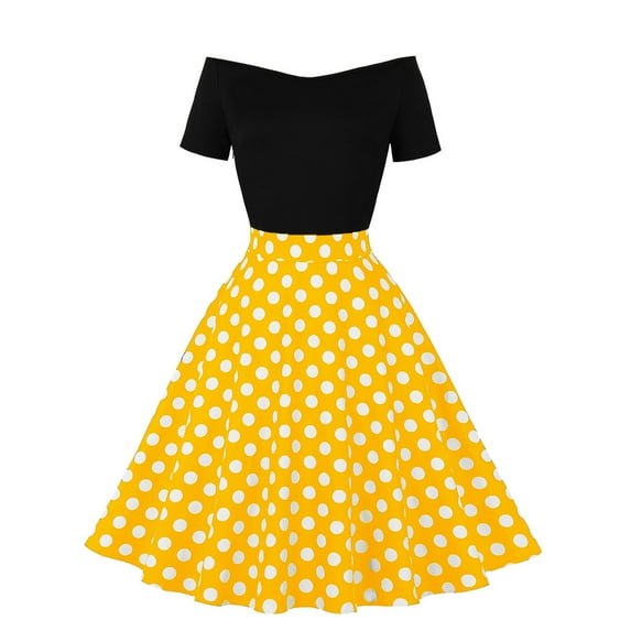 QUYUON Women Vintage Cocktail Swing Dress Casual Loose Polka Dot Printed Off the Shoulder Retro Cocktail Party Prom Dresses Bridesmaid Dress Formal Prom Tea Dress A Line Midi Gown, Yellow L