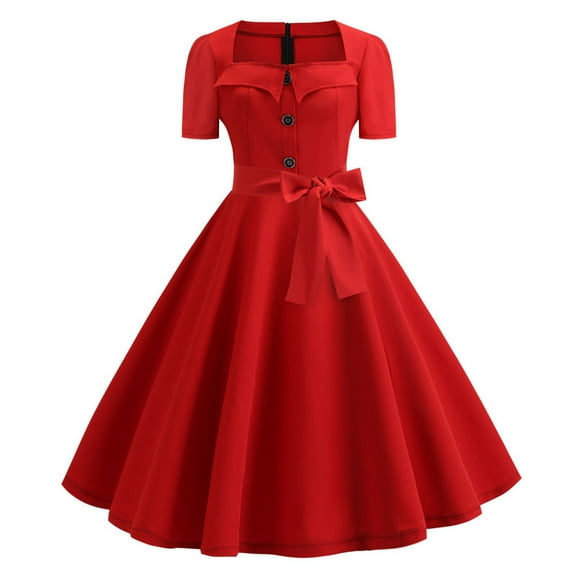 QUYUON Women Vintage Dresses Summer Button Square Neck Short Sleeve Retro Cocktail Party Swing Dress Pleated A-Line Knee Length Dress with Belt Evening Party Prom Dresses Tea Dress Red Small