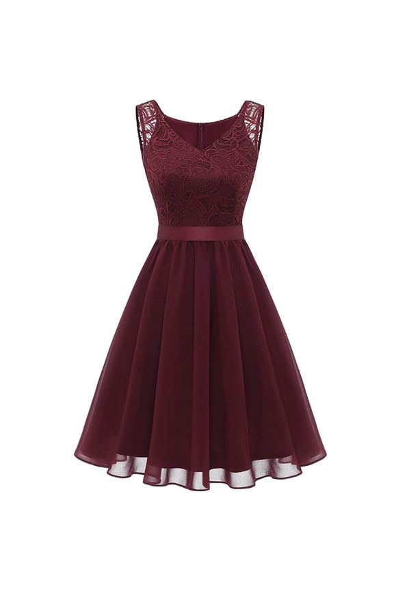 Women Vintage Lace Dress Retro Cocktail Party Swing Dresses Sleeveless Vintage Tea Dress with Belt Back Zipper Pleated A-Line Tulle Dress Wedding Guest Party Prom Dress, Wine M