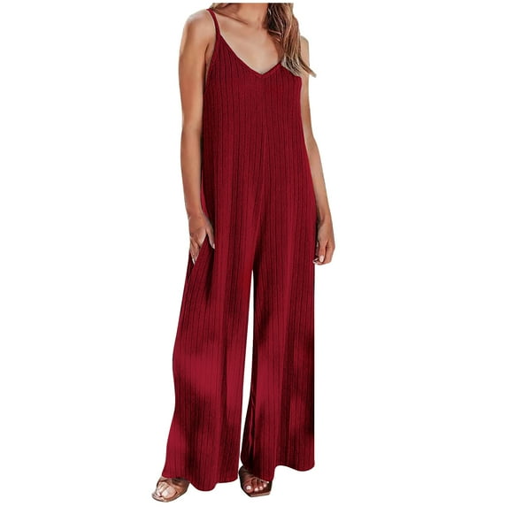 QUYUON Women Wide Leg Jumpsuit with Pockets Summer Sleeveless Spaghetti Strap V-Neck Ribbed Knit Tank Tops Jumpsuits Rompers Casual Loose One-Piece Jumpsuits Long Pants, Style 607 Wine L