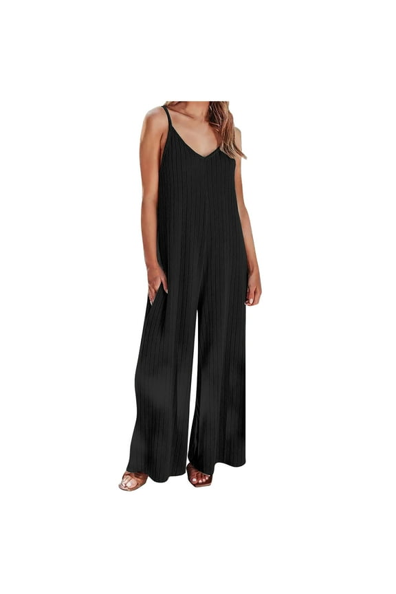 Women Wide Leg Jumpsuit with Pockets Summer Sleeveless Spaghetti Strap V-Neck Ribbed Knit Tank Tops Jumpsuits Rompers Casual Loose One-Piece Jumpsuits Long Pants, Style 591 Black L