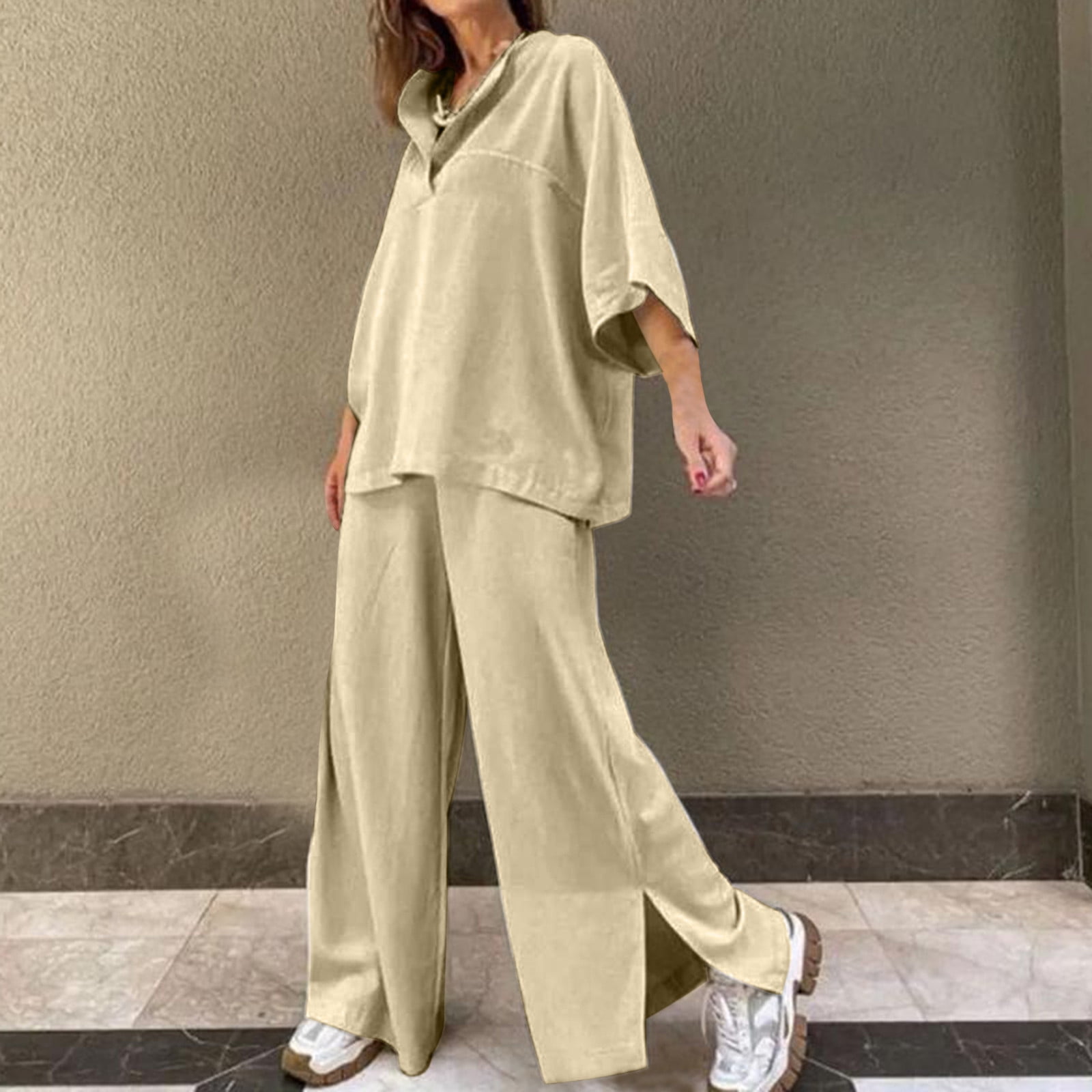 QUYUON Women Linen Pants Sets 2 Piece Outfits Plus Size Long Sleeve V Neck  Tops and Full Length Long Pants Sets Two Piece Outfits Loungewear Casual