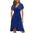 thumbnail image 1 of QUYUON Women Wrap Midi Dress Summer Bohemian Floral Printed Wrap V-Neck Beach Flowy Ruffle Mid-Length Dress Side Tie Knot A-Line Evening Cocktail Party Asymmetrical Dresses, Blue S, 1 of 5