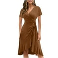 thumbnail image 1 of QUYUON Women Wrap Midi Dress Summer Bohemian Floral Printed Wrap V-Neck Beach Flowy Ruffle Mid-Length Dress Side Tie Knot A-Line Evening Cocktail Party Asymmetrical Dresses, Khaki M, 1 of 5