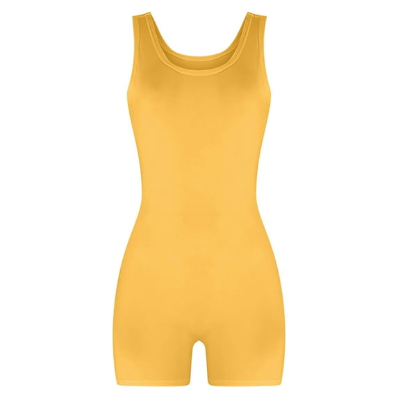 QUYUON Women Yoga Rompers Ladies Crew Neck Sleeveless Tank Tops Bodysuits Jumpsuits Shorts Exercise Sports Rompers Female One-Piece Jumpsuits Short Pants, Style 653 Yellow M