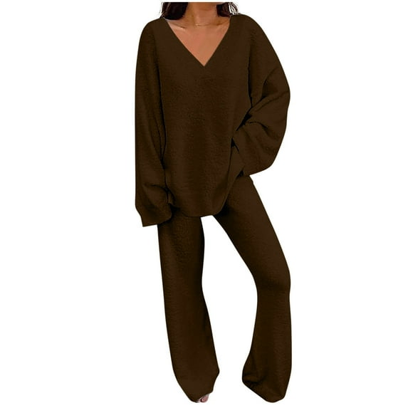 QUYUON Women's 2 Piece Outfits Women Fall Casual Solid V Neck Long Sleeve Pullover Tops and Wide Leg Pants Sets Two Piece Lounge Set Sweatsuit Sweater Sets Pajamas Loungewear B-Coffee 3XL