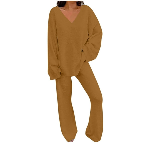 QUYUON Women's 2 Piece Outfits Women Fall Casual Solid V Neck Long Sleeve Pullover Tops and Wide Leg Pants Sets Two Piece Lounge Set Sweatsuit Sweater Sets Pajamas Loungewear B-Khaki 3XL