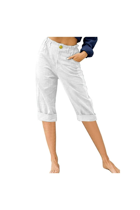 Women's Capris Pants Casual Summer High Waisted Capris with Belt Loops Ladies Capris with Pockets Loose Straight Leg Cropped Pants Lightweight Capris Stylish Cropped Pants, Style P395 White XL